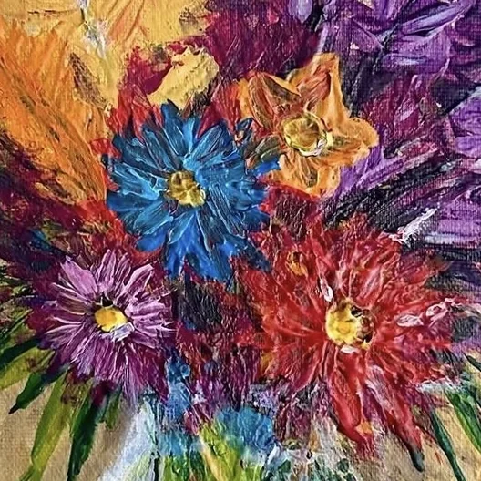 Detalhe das pinceladas espessas de um buquê pintado.