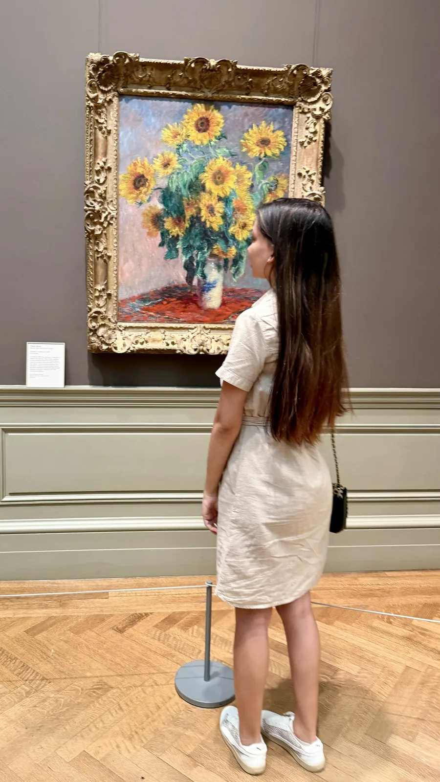 Ana Carolina em uma galeria do Met, diante dos girassóis de Monet.